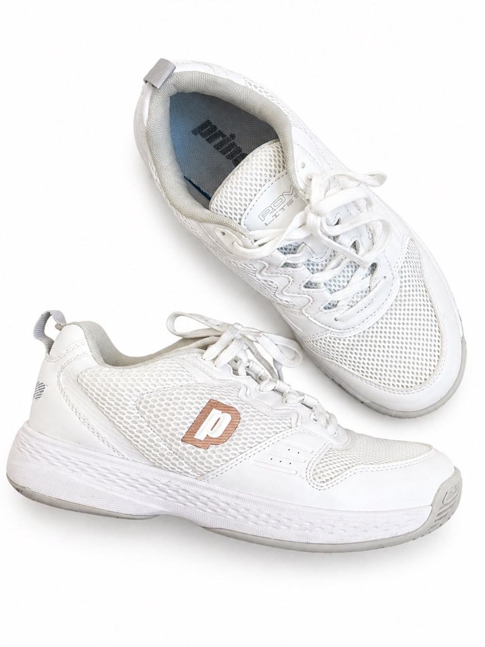 Prince White Mesh Tennis Sneakers with Tan Logo Accent